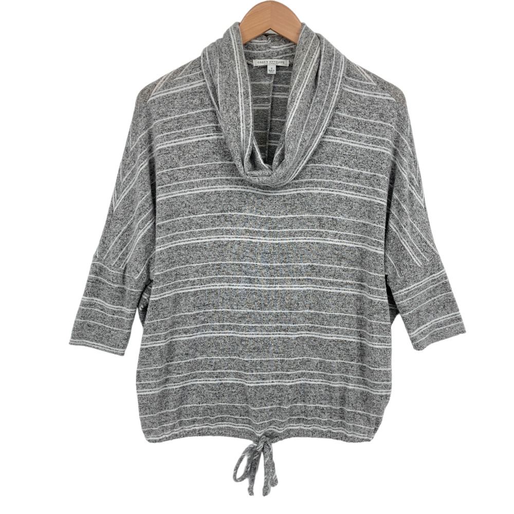 Green Envelope Sweater Womens Small Gray Striped Cowl Neck 3/4 Sleeve Pullover